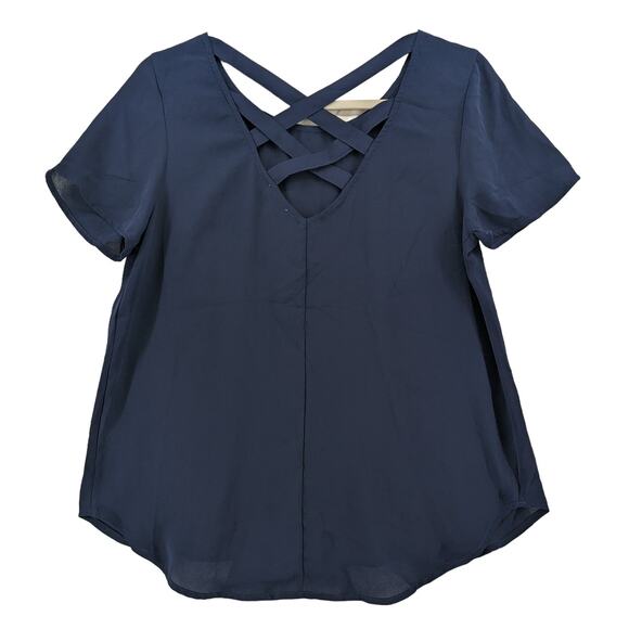 Lily White Draped Blouse Medium Navy Caged Back Chest Pocket Rounded Neck‎ Top - Picture 2 of 10